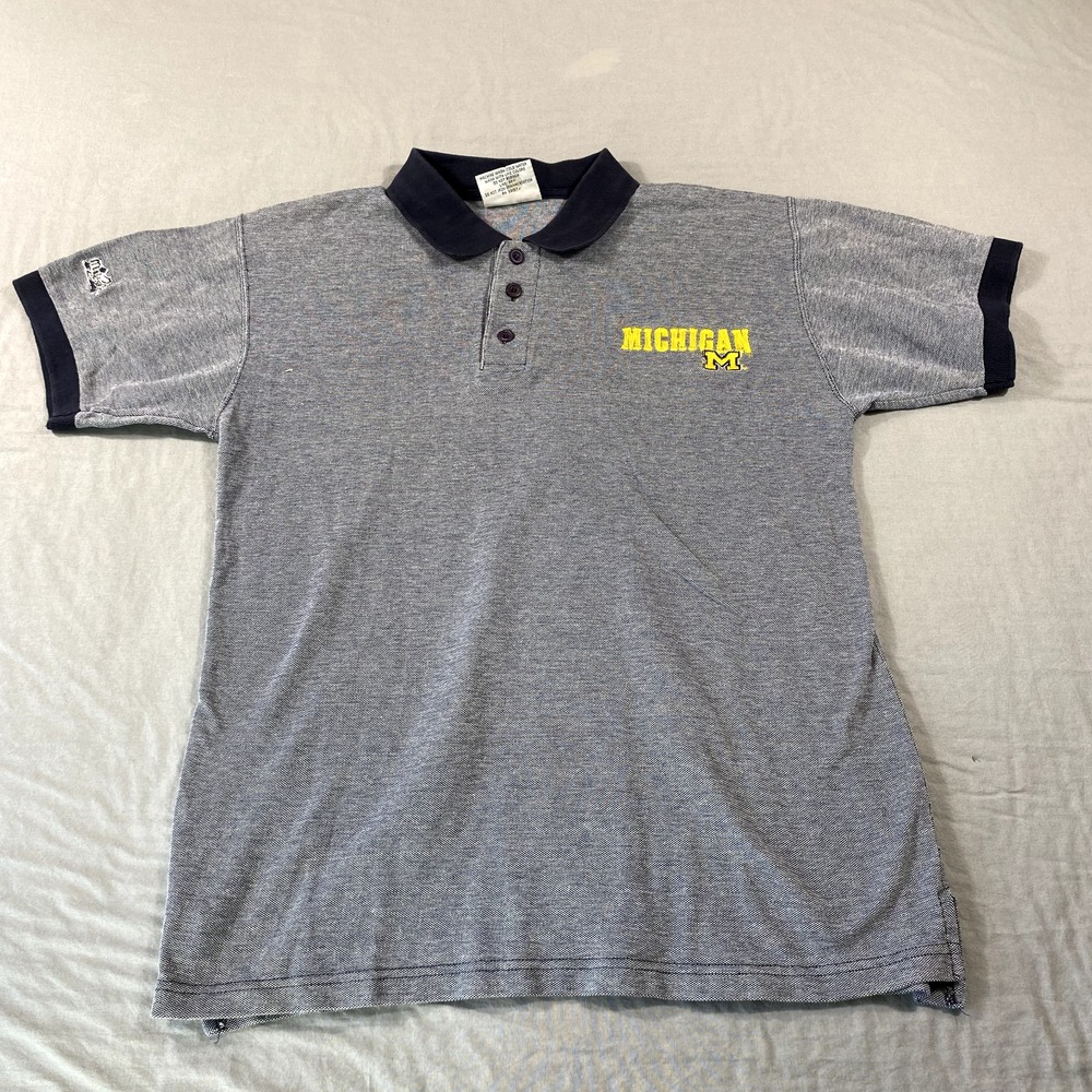 VINTAGE Michigan‎ Wolverines Polo Shirt Mens Medium Blue Majestic Embroidered